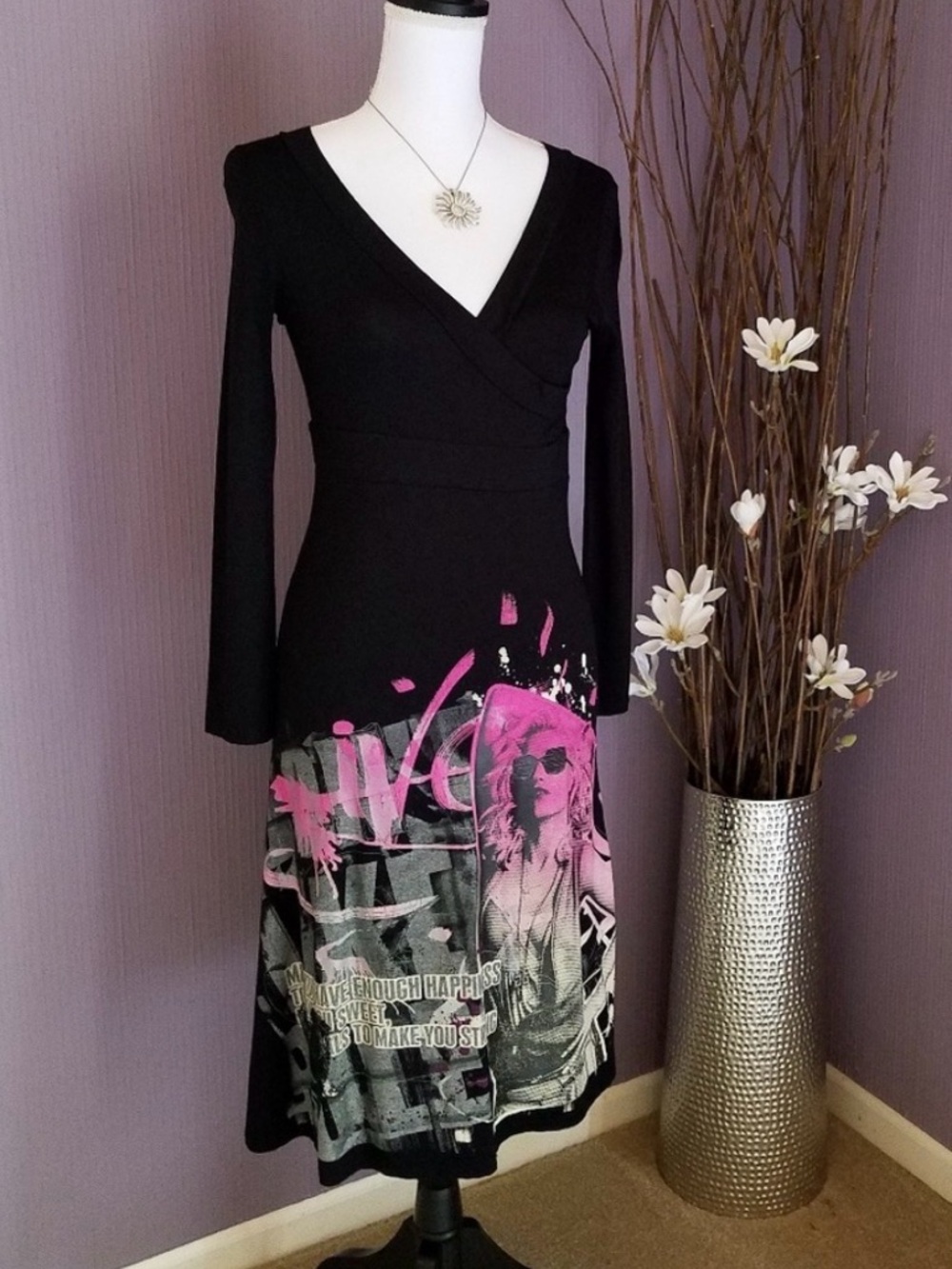 Sexy Black Wrap Fit & Flare Dress with Pink Print from Paris